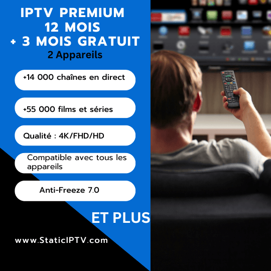 Abonnement IPTV Premium de 12 mois avec 3 mois gratuits pour 2 appareils.